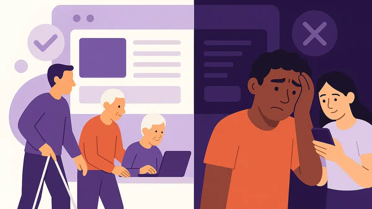 Ilustrație care arată contrastul &icirc;ntre o experiență web accesibilă și una inaccesibilă. punand accent pe accesibilitatea digitala: &icirc;n st&acirc;nga, persoane diverse folosesc un site clar; &icirc;n dreapta, două persoane par frustrate &icirc;n fața unui site confuz.