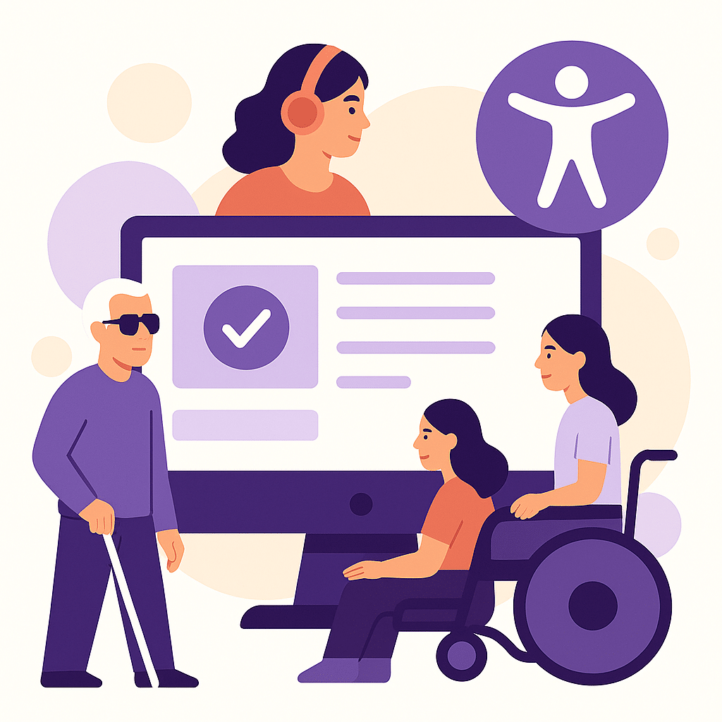Ilustrație digitală care prezintă un ecran de computer și patru persoane cu nevoi diverse: o persoană cu baston alb, două femei în scaun rulant și o femeie care poartă căști audio, simbolizând accesibilitatea web pentru toți.