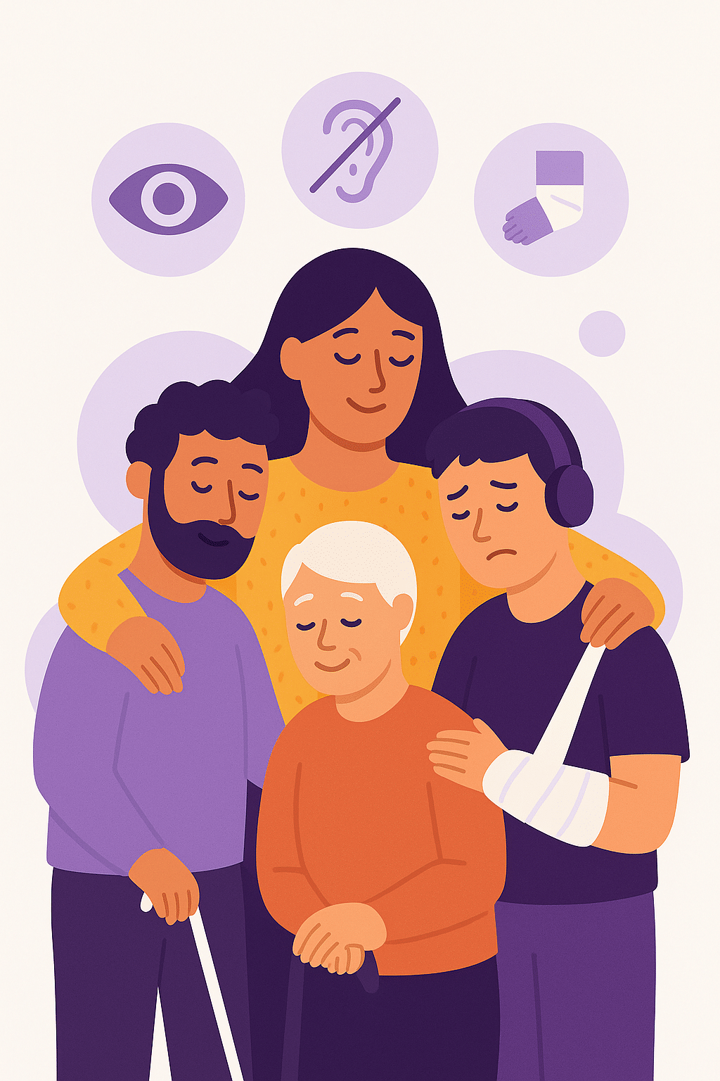 Ilustrație digitală care prezintă patru persoane cu dizabilități diferite – vizuale, auditive, motorii și temporare – îmbrățișate cu grijă de o femeie, într-un gest de empatie și susținere.