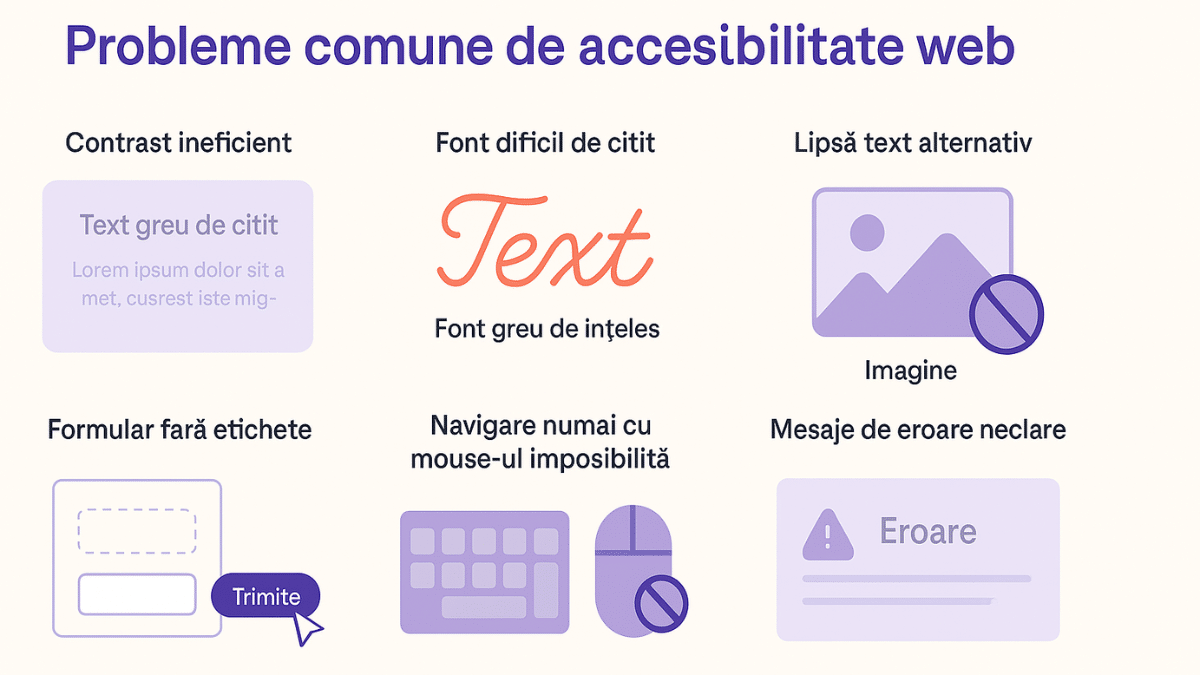 Ilustrație digitală &icirc;n stil flat, care prezintă o persoană t&acirc;nără &icirc;n fața a două ecrane: &icirc;n st&acirc;nga, un site cu contrast slab, font decorativ și structură haotică; &icirc;n dreapta, un site accesibil, cu text clar, contrast bun și navigare logică. Fundal &icirc;n nuanțe de mov, coral și crem