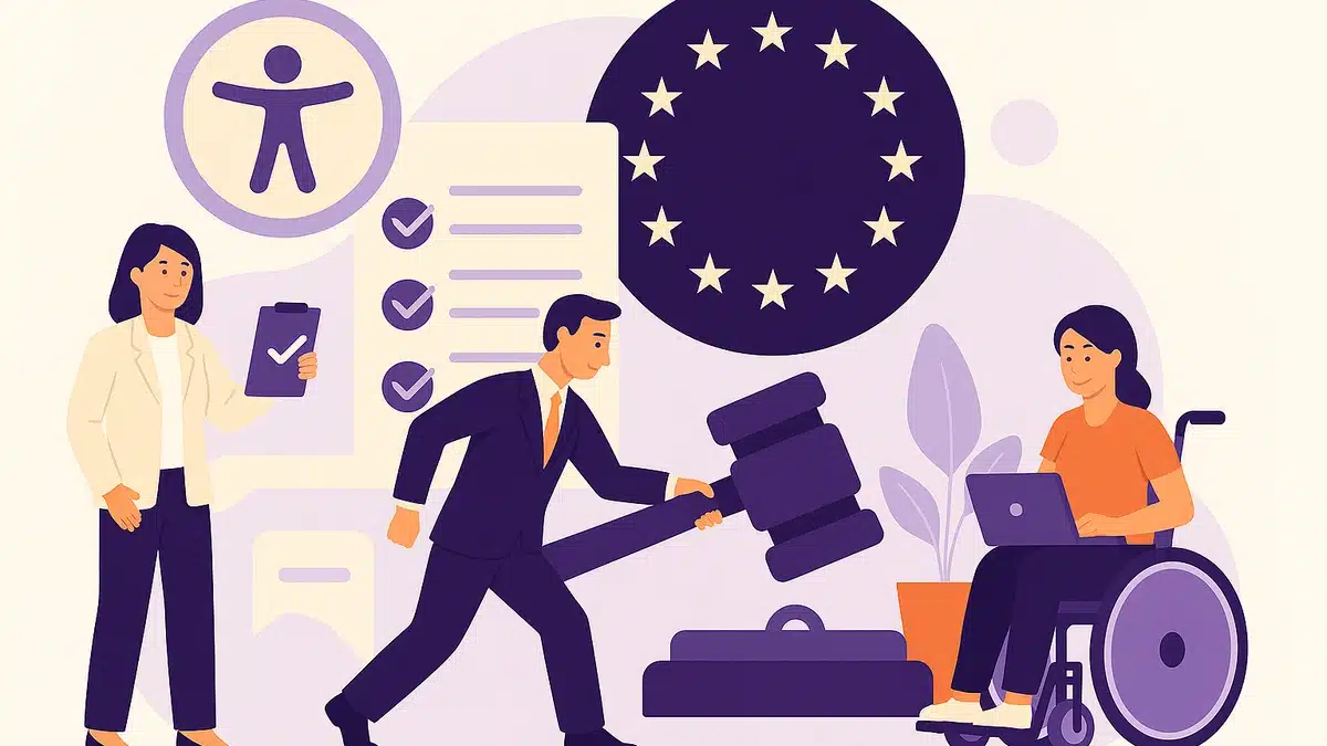Ilustrație digitală care prezintă o femeie &icirc;n scaun rulant lucr&acirc;nd pe laptop, un bărbat cu ciocan juridic &icirc;n m&acirc;nă și o femeie cu clipboard, &icirc;n fața unor simboluri ale Uniunii Europene și ale accesibilității, reprezentan legislatia europeana de accesibilitate web.