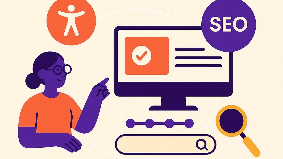 Ilustrație digitală flat-style cu o persoană care analizează un site pe laptop, sugerând legătura dintre accesibilitatea și SEO în performanța web.