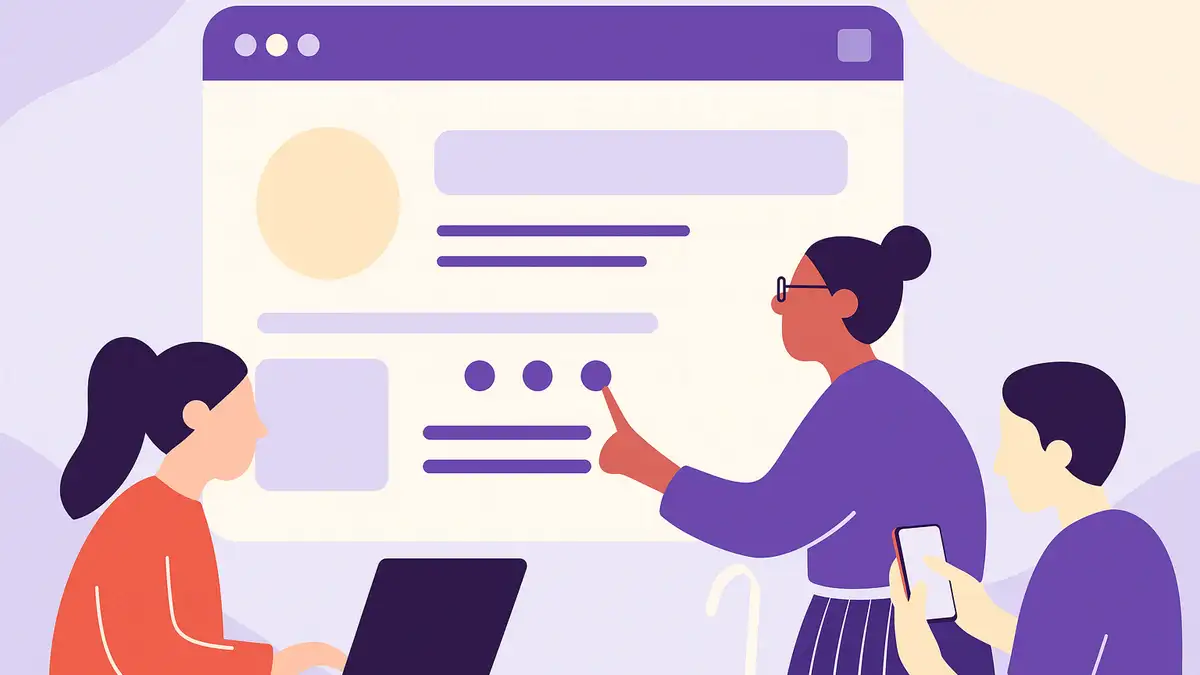 Ilustrație digitală cu 3 persoane care folosesc un site accesibil, fiecare folosind un dispozitiv diferit, reflect&acirc;nd nevoile diverse ale utilizatorilor.