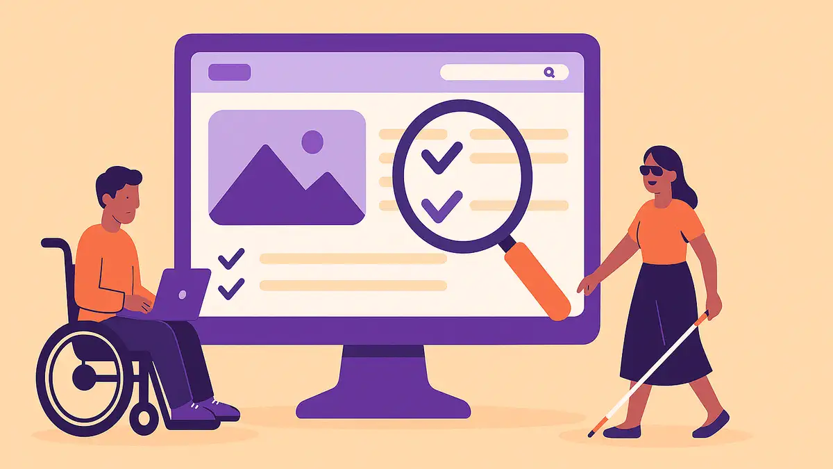 Ilustrație vectorială care evidențiază importanța elementelor de design pentru un site accesibil, prezent&acirc;nd interacțiunea unor utilizatori cu nevoi diferite cu o interfață web incluzivă.