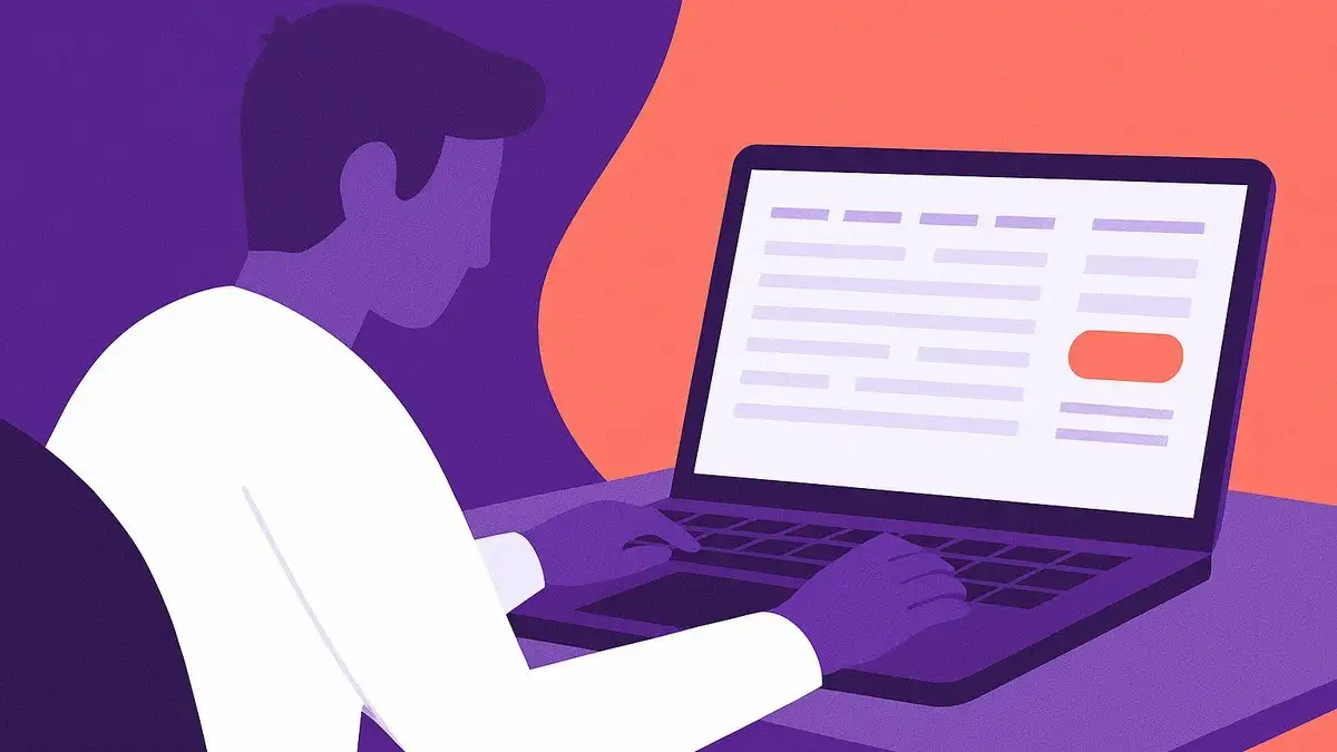 Persoană frustrată &icirc;n fața unui computer care afișează un mesaj de eroare, ilustr&acirc;nd experiența unui utilizator blocat de un site inaccesibil.