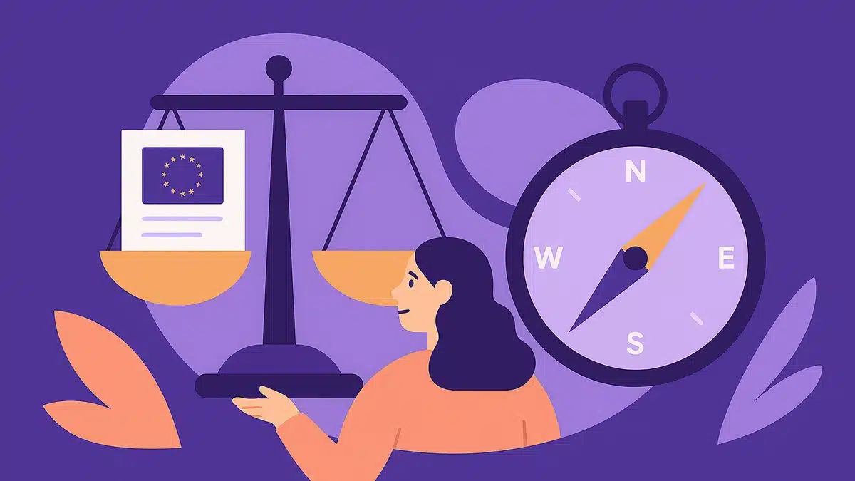 Ilustrație &icirc;n stil flat care prezintă simboluri ale legislației și orientării &icirc;n accesibilitate digitală: o balanță cu un document marcat cu stelele Uniunii Europene, o busolă și o femeie. standardele europene