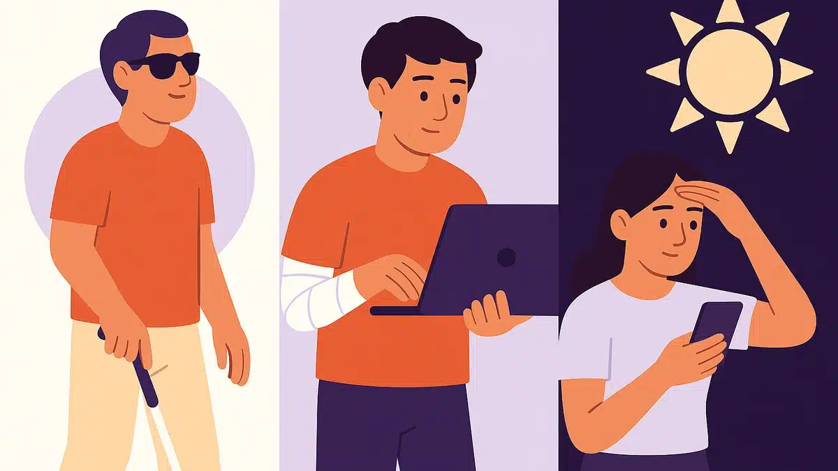 Ilustrație digitală cu trei persoane &icirc;n contexte diferite de accesibilitate, care arata ca dizabilitatea nu arata mereu la fel: un bărbat nevăzător cu baston, un t&acirc;năr cu brațul &icirc;n ghips folosind un laptop și o femeie care &icirc;și protejează ochii de soare &icirc;n timp ce folosește telefonul.